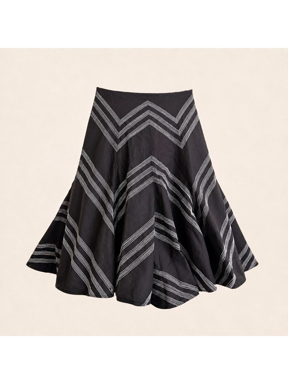 Black White Chevron Stripe A Line Midi Skirt Structured Flare Classic Size M